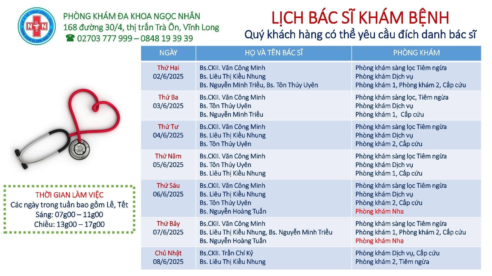LỊCH BÁC SĨ KHÁM BỆNH