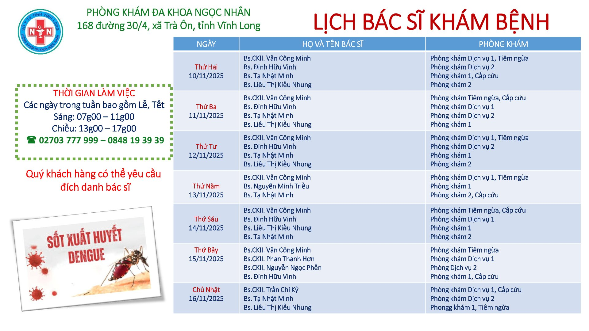 LỊCH BÁC SĨ KHÁM BỆNH