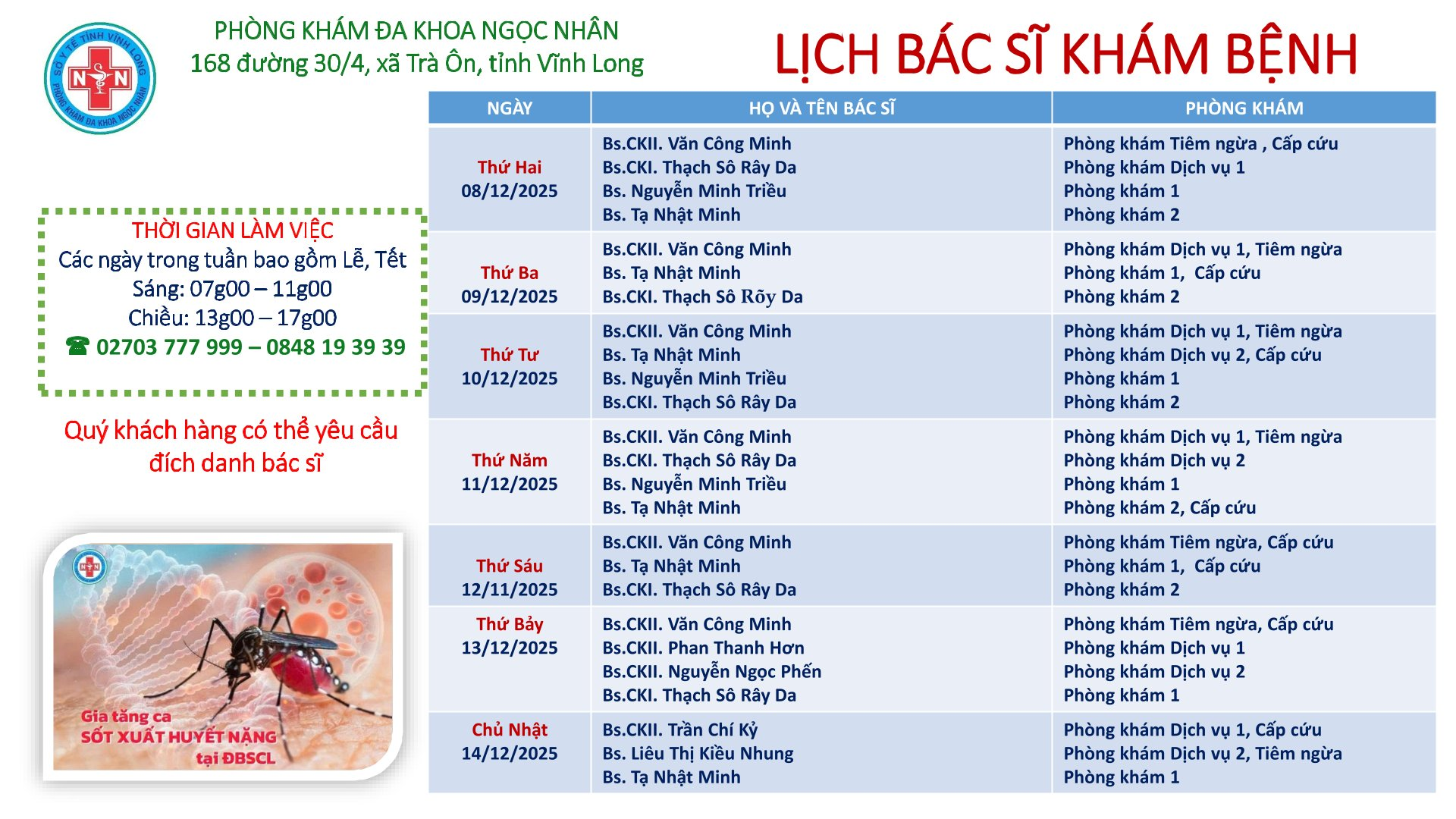 LỊCH BÁC SĨ KHÁM BỆNH